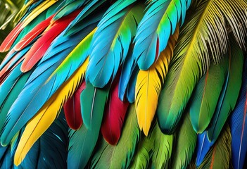 Obraz premium vibrant parrot feathers scattered beachside beauty nature colorful tropical, seaside, exotic, bright, plumage, coastline, vivid, picturesque, lush, stunning