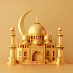 3D model of a mosque with a crescent-shaped moon in the background. Eid festival. Golden theme.