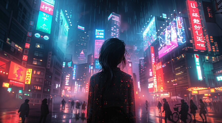A girl stands in the center of an cyberpunk city