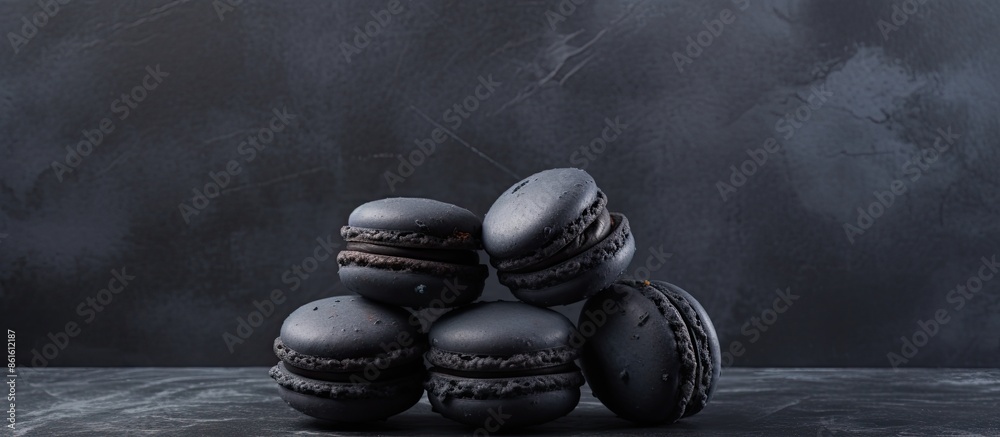 Poster elegant halloween-themed arrangement of three black macaroons on a moody dark gray concrete surface 