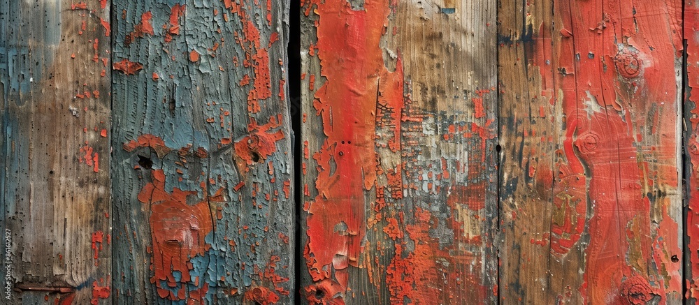 Poster Aged and weathered paint layers create abstract patterns on a wooden surface in a copy space image.