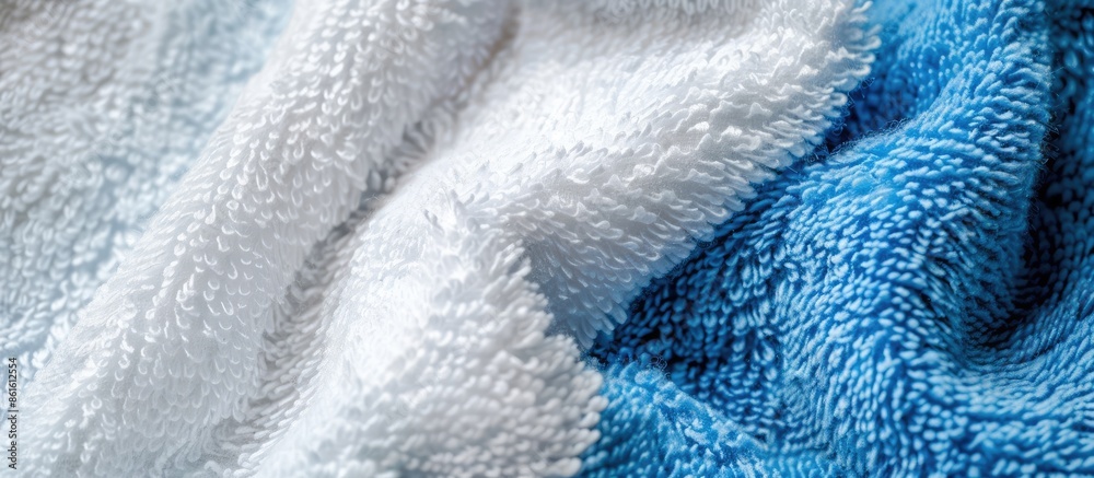 Poster blue and white cotton towels - closeup shot. with copy space image. place for adding text or design