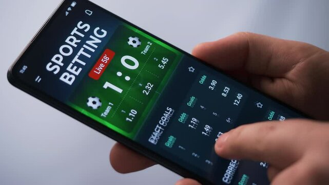 Making online bet on sports betting app. Watching live football score broadcast on a gambling smartphone application and gambling. Internet gambling concept. Fictional Interface.