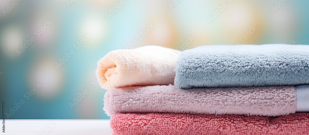 Aufkleber Soft stack of clean towels on a blurred backdrop with copy space image available.