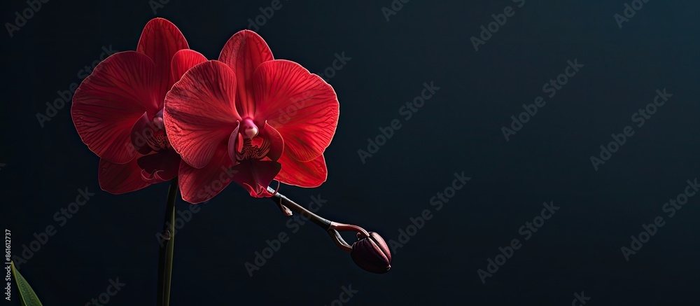 Poster a vibrant red orchid flower stands out against a dark backdrop, providing a clear space for addition