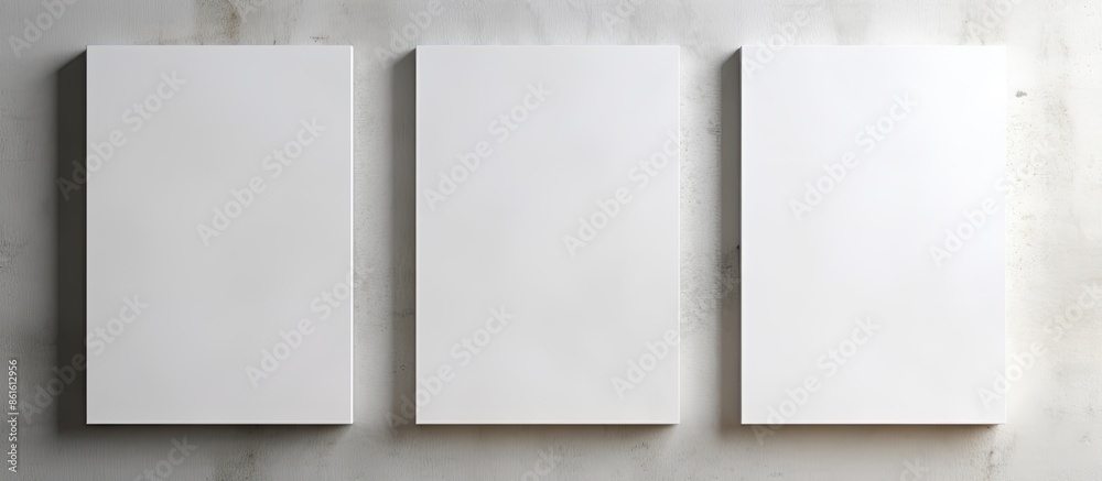 Poster Three white rectangular poster mockups with soft shadows displayed on a neutral grey concrete wall with a top-down view for copy space image.