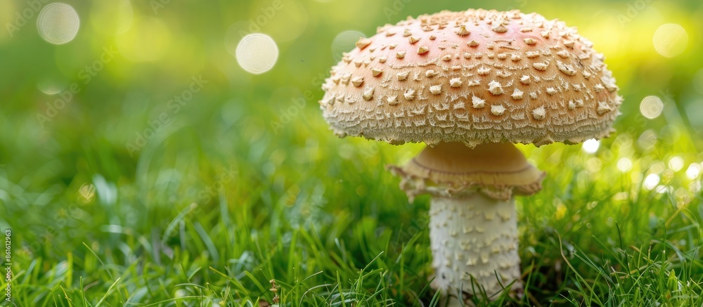 Poster Mushroom positioned on a grassy field with copy space image.