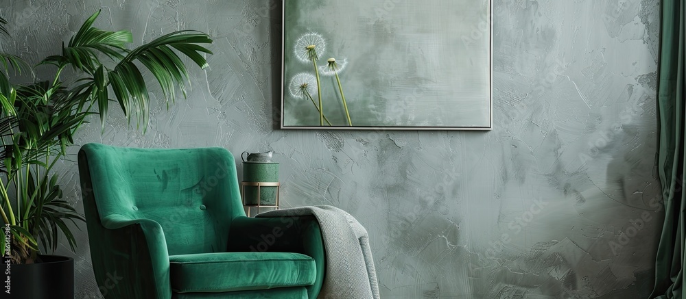 Poster an inviting green armchair sits between a dandelion and a plant, adding a pop of color to the living
