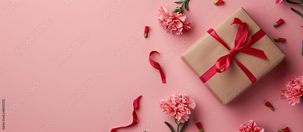 Aufkleber a mother's day design idea featuring a top view of carnations and a gift box on a pink background su