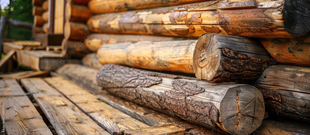 Poster building a house from wooden logs. with copy space image. Place for adding text or design