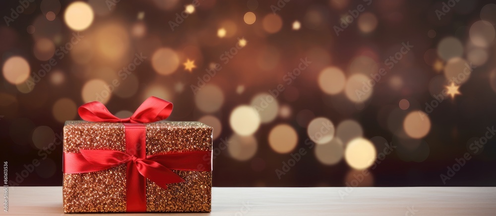 Poster Holiday greeting card featuring a Christmas gift box set against a bokeh background with a spacious area for additional text or images - a copy space image.