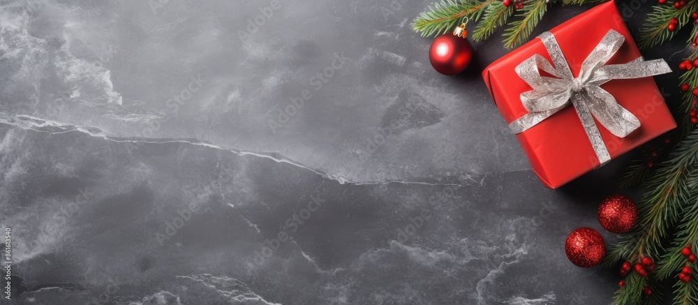 Poster Top view of a festive setting with a red Christmas gift, a spruce tree branch, and ornaments on a gray stone surface suitable for a Xmas greeting card with copy space image.