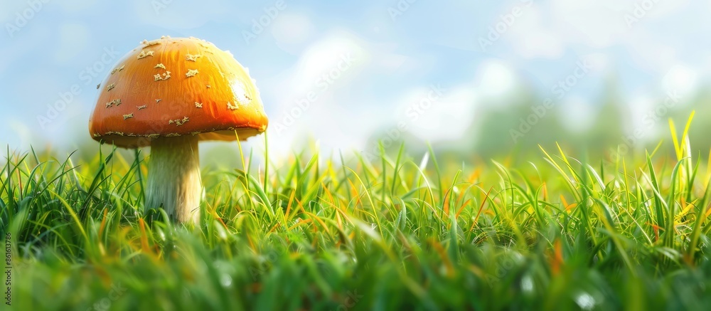 Poster Mushroom positioned on a grassy field with copy space image.