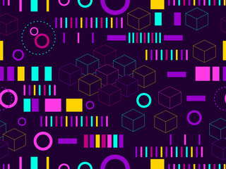 Cyberpunk seamless pattern in 80s and 90s retro futurism style. Signal error, pixel mosaic. Futuristic background for prints, wallpapers, covers, wrappers, banners and posters. Vector illustration