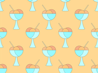 Ice cream in a glass seamless pattern. Ice cream balls in a glass with a spoon on a beige background. Design for wallpapers, wrappers, covers, banners and posters. Vector illustration