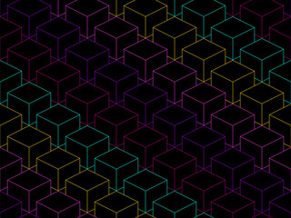 3D cubes seamless pattern. Multicolor abstract background in cyberpunk style. Cryptoblocks. Design for banners, printed materials and posters. Vector illustration