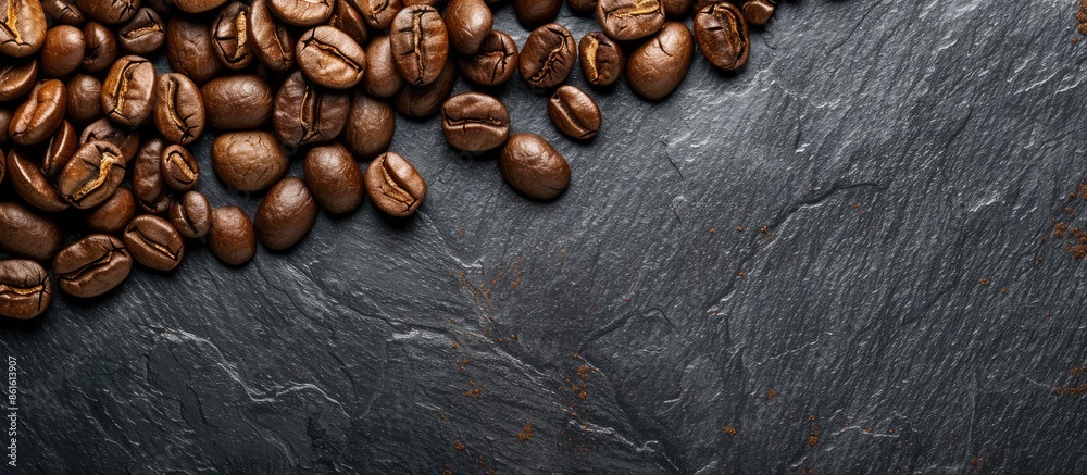 Poster coffee beans arranged on a textured black slate background with copy space image.