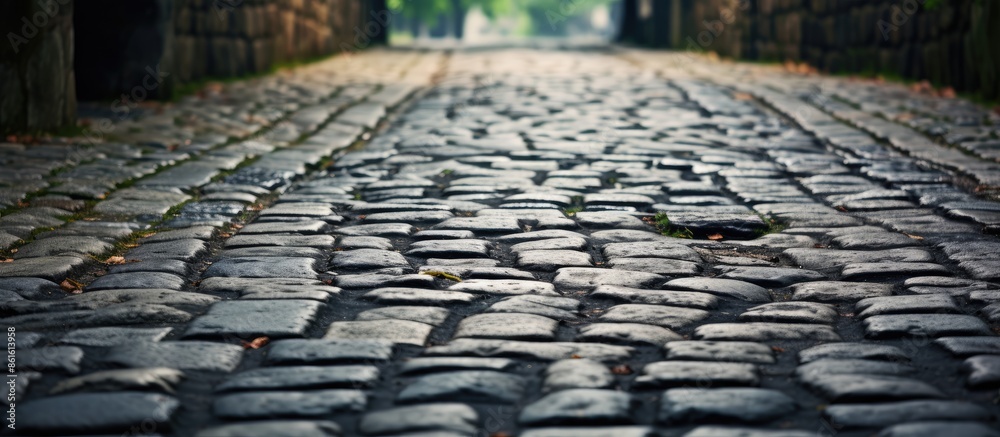 Poster detailed view of an old european cobblestone path with copy space image.