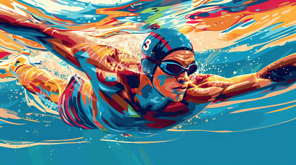Abstract painting of a professional swimmer in a pool. Colorful abstract depiction of an athlete swimming in water.