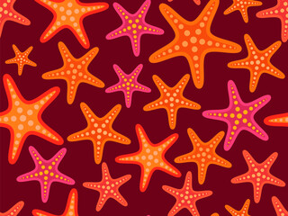 Starfish seamless pattern. Colorful sea stars. Abstract background with starfish in a minimalist style for printing wallpapers, wrappers, banners and posters. Vector illustration