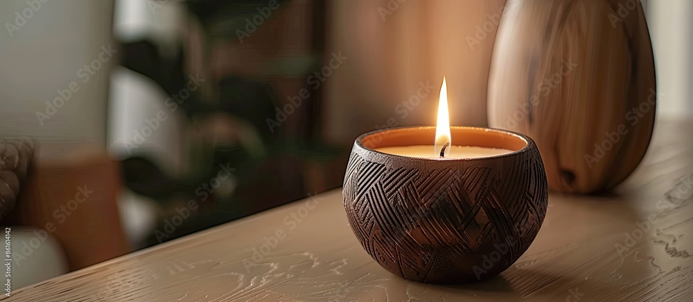 Poster beautiful decorative holder with burning candle indoors. with copy space image. place for adding tex
