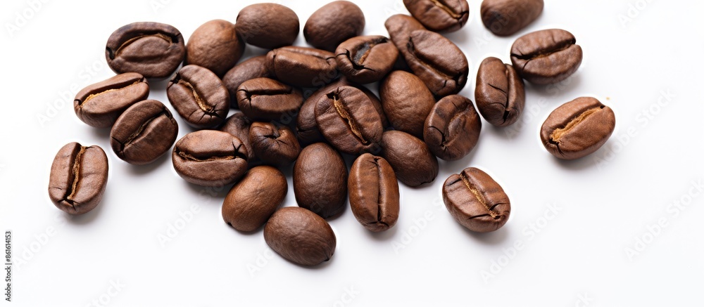 Poster Close-up view of coffee beans on a white background with space for additional images.