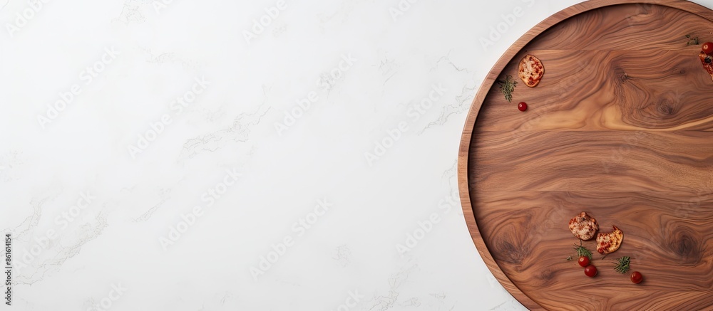 Fototapete circular wooden pizza platter on a white stone kitchen table, seen from above with space for text or