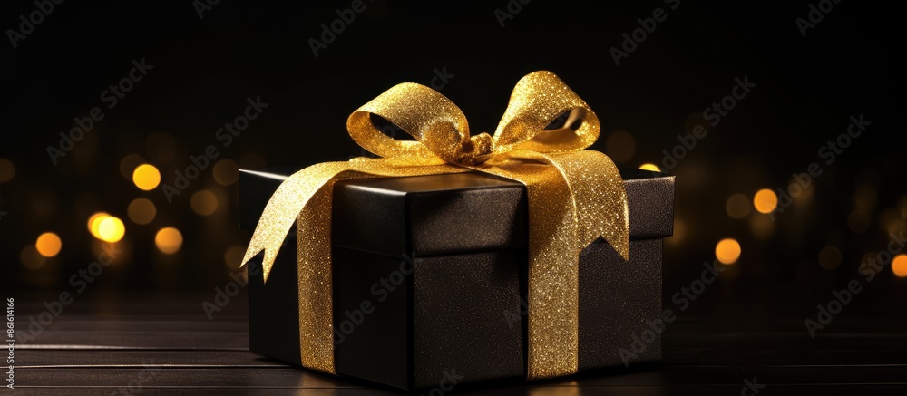 Poster a luxurious golden gift box elegantly displayed on a dark black wood surface with ample copy space i