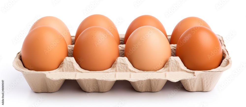 Fototapete Hen eggs in a paper container, isolated on a white background with a blank space for text or images. with copy space image. Place for adding text or design