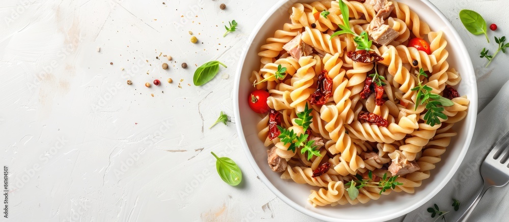 Poster bowl of whole wheat pasta with dried tomatoes and tuna. top view on white background with copy space