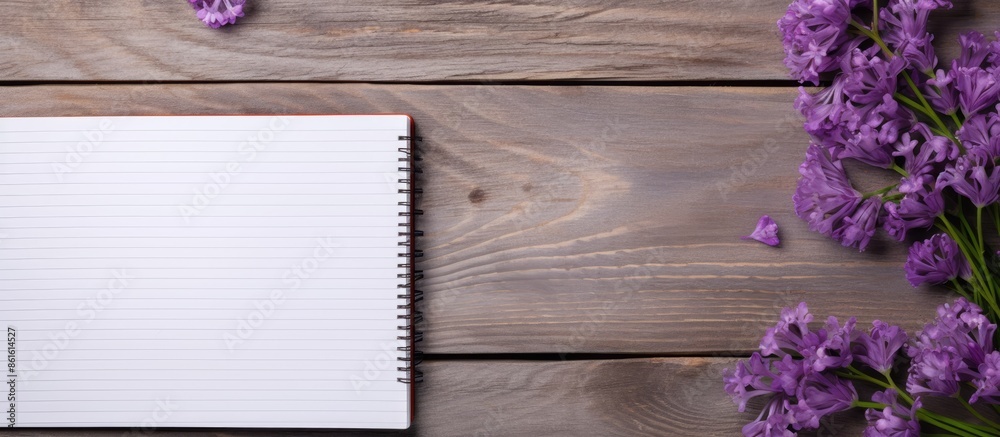 Poster White painted wooden planks backdrop featuring violet flowers and an empty notebook for text, creating a copy space image.