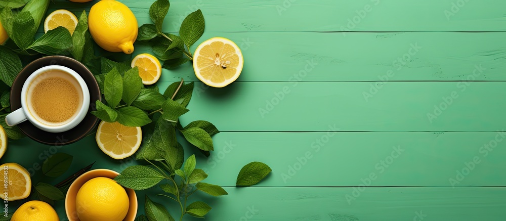 Poster top-down view showcasing a delightful tea arrangement with fresh lemon and mint, complete with a tea