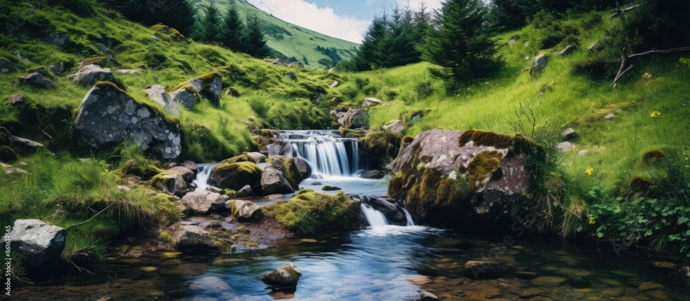 Aufkleber mountain scenery with a tranquil small waterfall, providing a serene backdrop for a copy space image