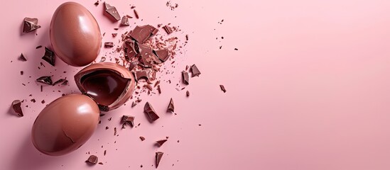 Creative copy space image with a broken chocolate Easter egg, set against a pastel pink background, conveying a simplistic Easter holiday theme.