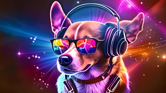 Cool dog DJ with headphones performing in colorful nightclub scene