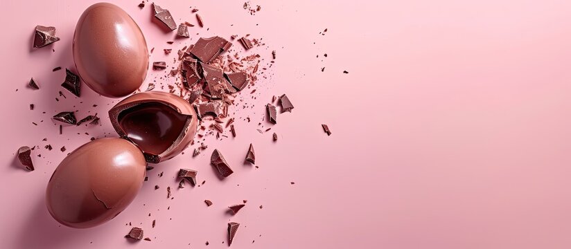 Creative copy space image with a broken chocolate Easter egg, set against a pastel pink background, conveying a simplistic Easter holiday theme.