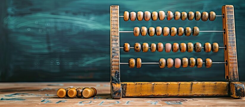 Vintage abacus displayed in a classroom setting with a black chalkboard in the background creating a nostalgic atmosphere suitable for text overlay as a copy space image.