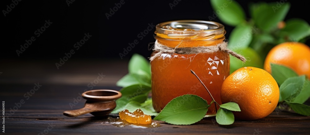 Poster autumn-themed concept featuring homemade tangerine jam with spices and mint on a rustic wooden table