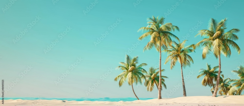 Poster Modern summer scene featuring coconut trees on beach sand against a blue backdrop. Chic and artistic with space for text and images. with copy space image. Place for adding text or design