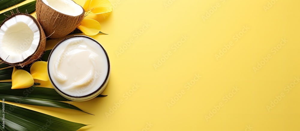Aufkleber top view minimal flat lay style image of organic cosmetics using coconut elements like oil, ripe coc