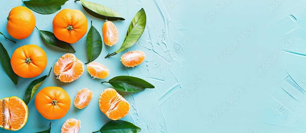 Aufkleber Ripe tangerines with leaves and slices on pastel background. with copy space image. Place for adding text or design