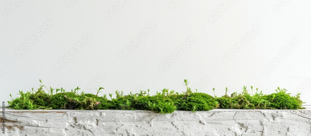 Poster icelandic stabilized moss in white concrete on wood and white background. with copy space image. pla