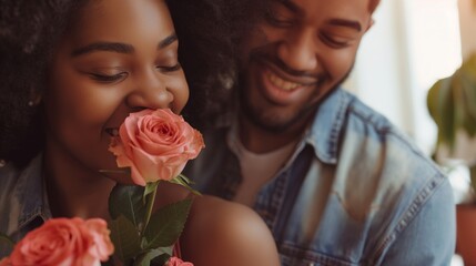 A couple sharing a tender moment, focusing on the woman's joyful expression as she smells a pink rose, captured indoors with natural light.