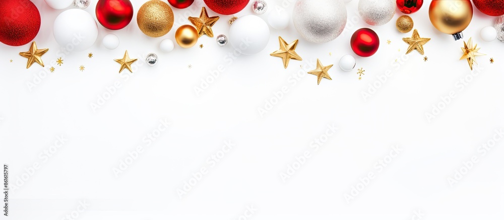 Poster top view of a christmas-themed background featuring ornaments and decorations on a white backdrop, a
