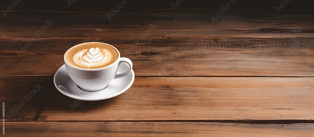 Poster A white coffee cup filled with latte coffee, set on a wooden surface, providing an area for text or images. with copy space image. Place for adding text or design
