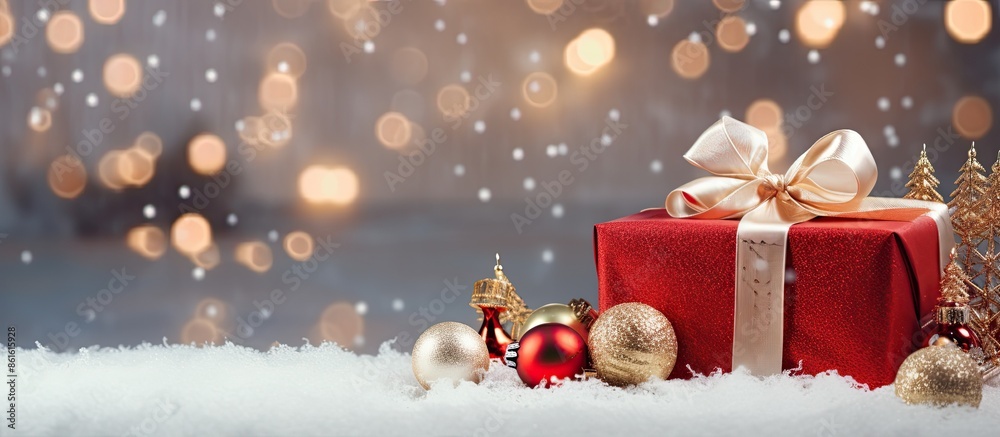 Poster a festive christmas gift box with a ribbon, surrounded by decorations and toys on a xmas-themed tabl