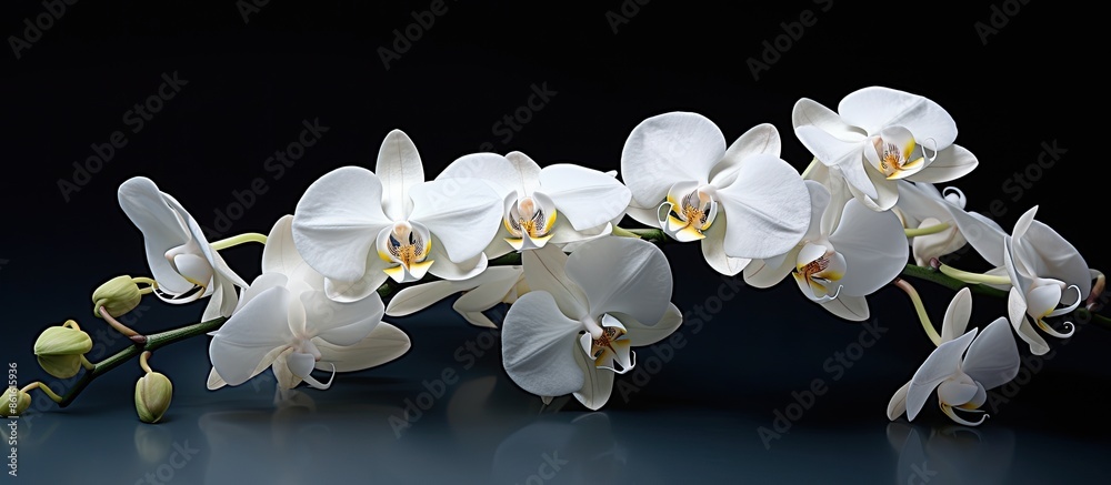 Poster a close-up of white orchid flowers in bloom set against a dark background, perfect for a copy space 