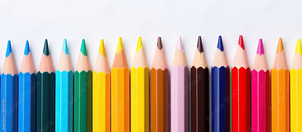 Poster color pencils held against a white backdrop with a creative scene for a copy space image.
