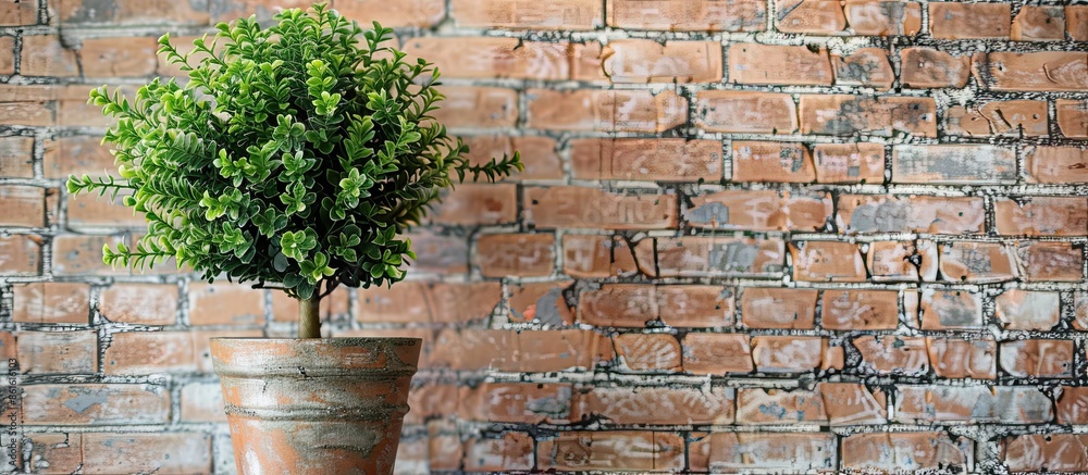Leinwandbilder artificial green plant in a pot decorated in a room with background of brick wall. with copy space i