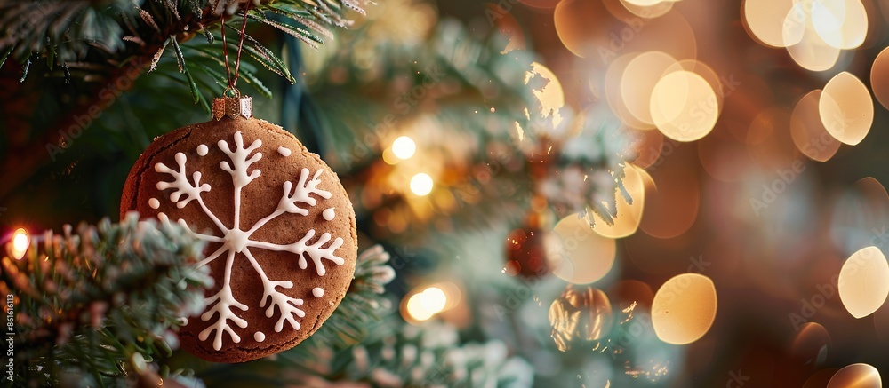 Poster captivating christmas ambiance surrounding a round gingerbread hanging on a beautifully decorated tr